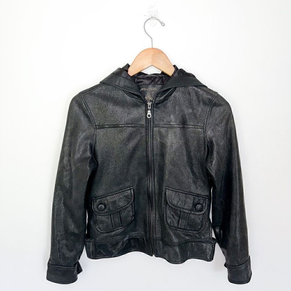 My Tribe Women’s Black Sparkle Metallic Hooded Leather Zip Closure Bomber Jacket